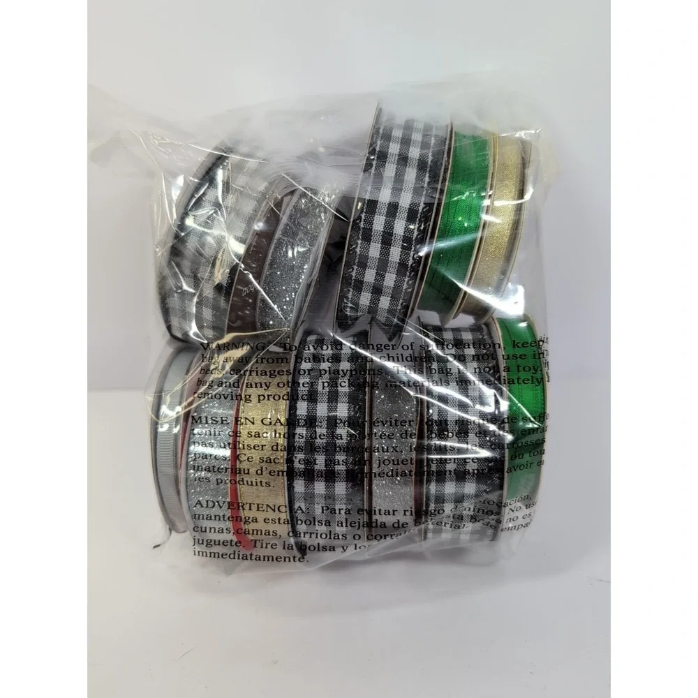 12 Spools Christmas Ribbon Lot Plaid Gold Sparkly‎